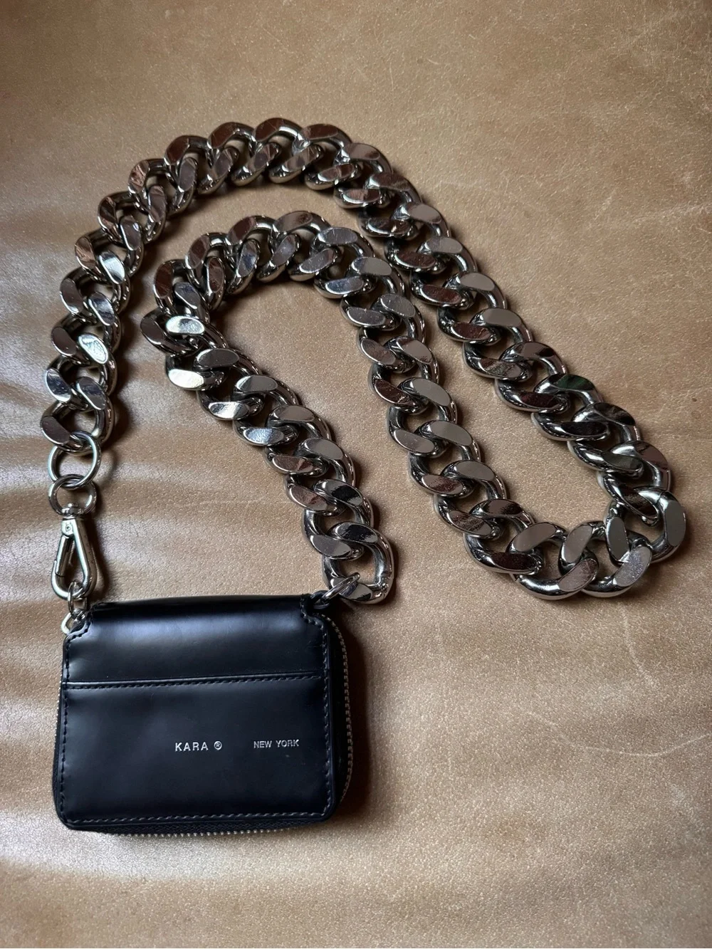 Kara New York Bike Wallet Black Leather Chunky Silver curb Chain Crossbody Bag - Picture 8 of 16